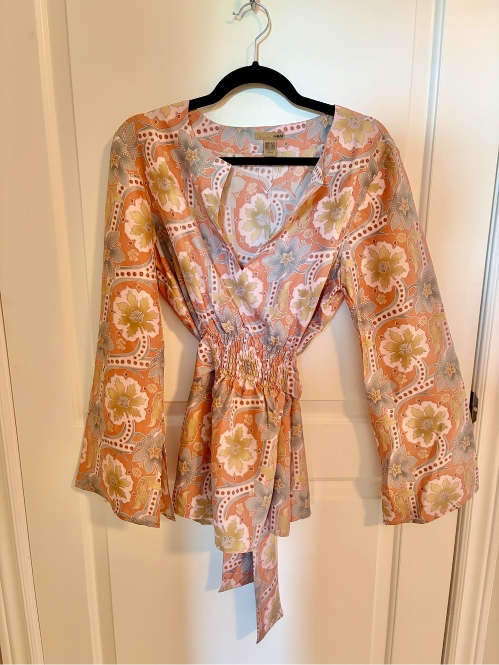 H&M Silk Peach and Blue Floral Blouse with Smocked Waist